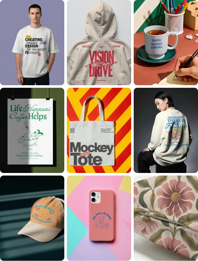Print-on-demand mockups made with Mockey