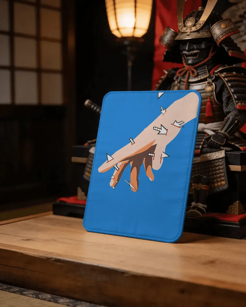 Premium Gaming Pad Mockup For Digital Design Showcase On Wooden Table With Japanese Samurai