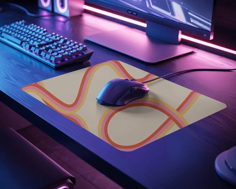 Neon Rgb Gaming Pad Mockup With Wired Mouse And Dark Desk Setup