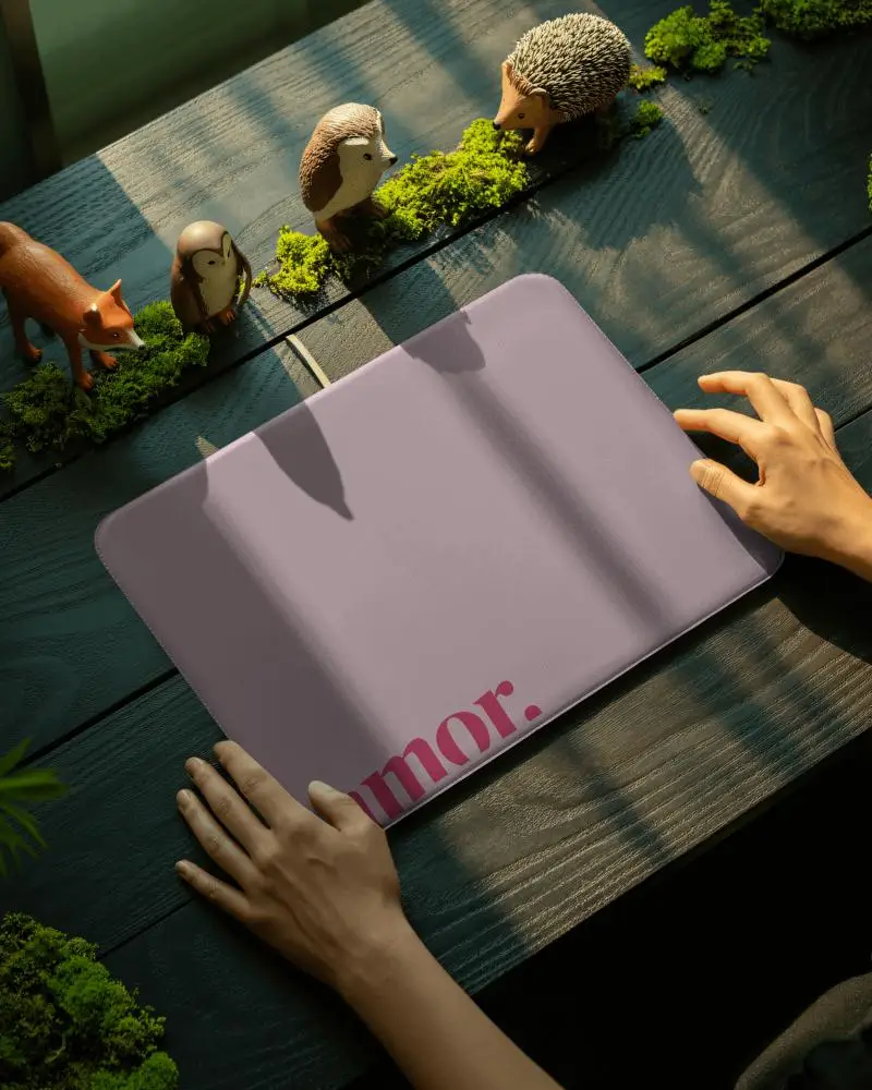 Forest Desk Gaming Pad Mockup With Woodland Figures And Soft Sunbeams