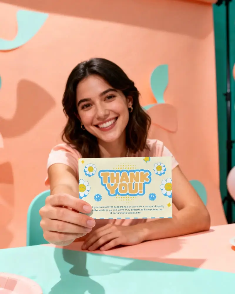 Smiling Person Presenting Empty Greeting Card Mockup For Branded Cheerful Communications