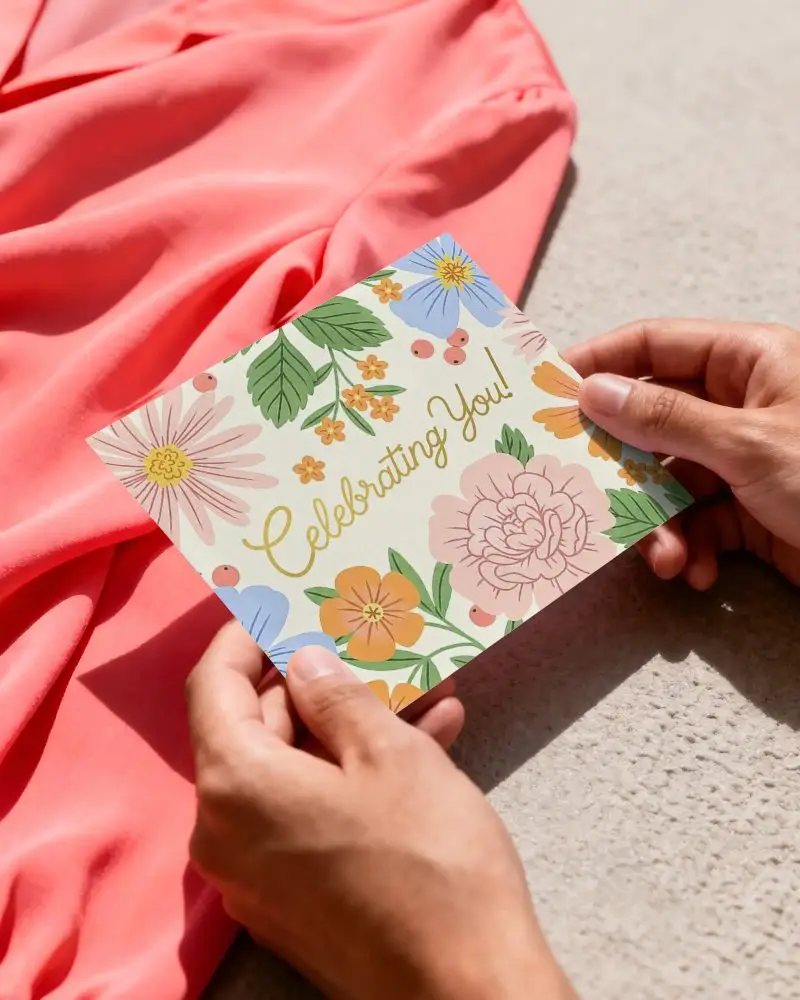 Realistic Greeting Card Mockup Held By Human Hands With Smooth Fabric In Background