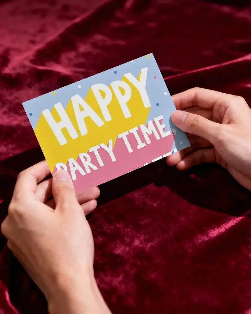 Realistic Hands Holding Empty Greeting Card Mockup On Soft Textile Surface Presentation