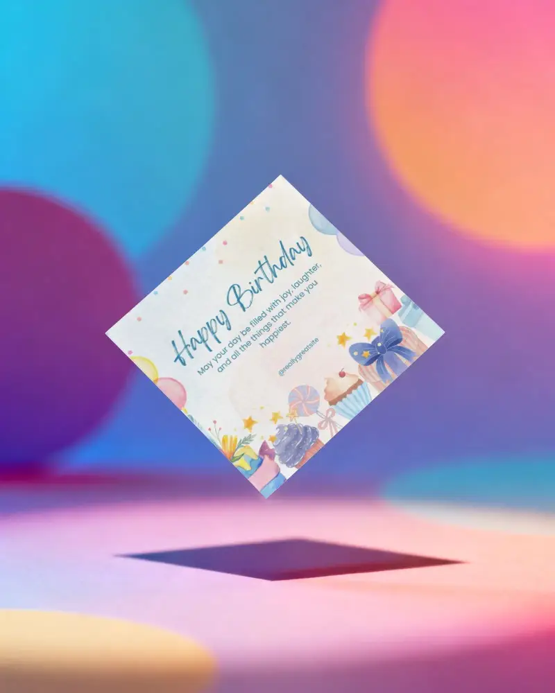 Minimalistic Square Greeting Card Mockup Suspended With Shadow On Vibrant Blurred Background
