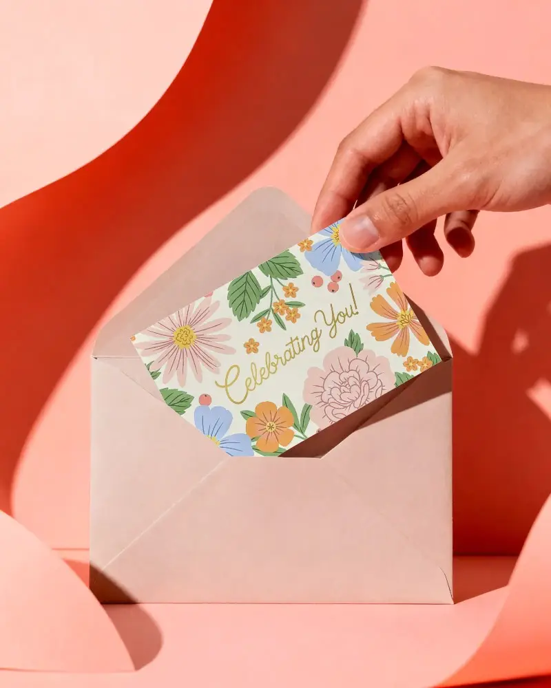 Minimalistic Greeting Card Mockup With Hand Placing Card Into Envelope On Pink Set