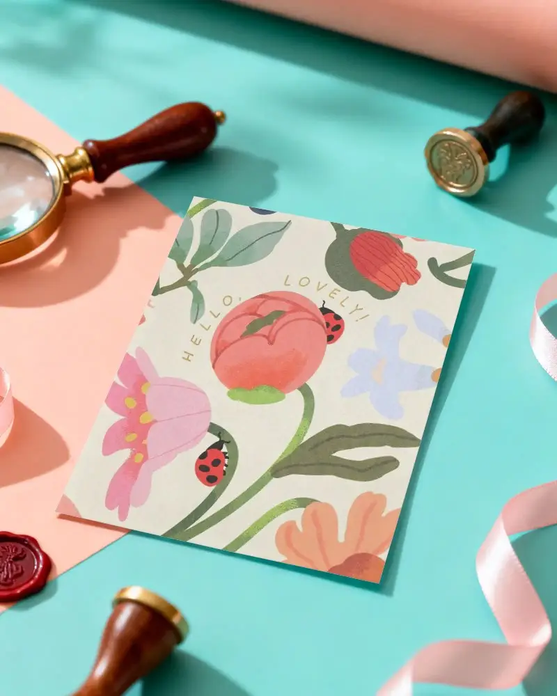 Elegant Greeting Card Mockup With Magnifying Glass And Sealing Stamp Accessories