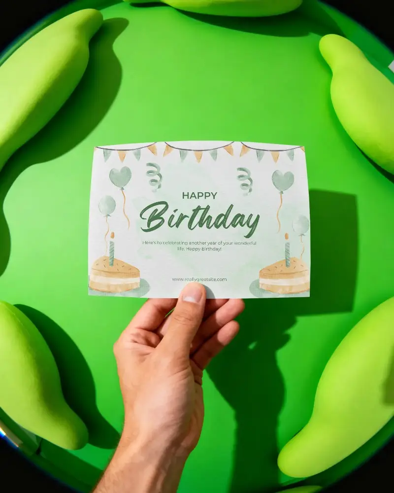 Close Up Of Greeting Card Mockup Held In Hand With Simple Colorful Background