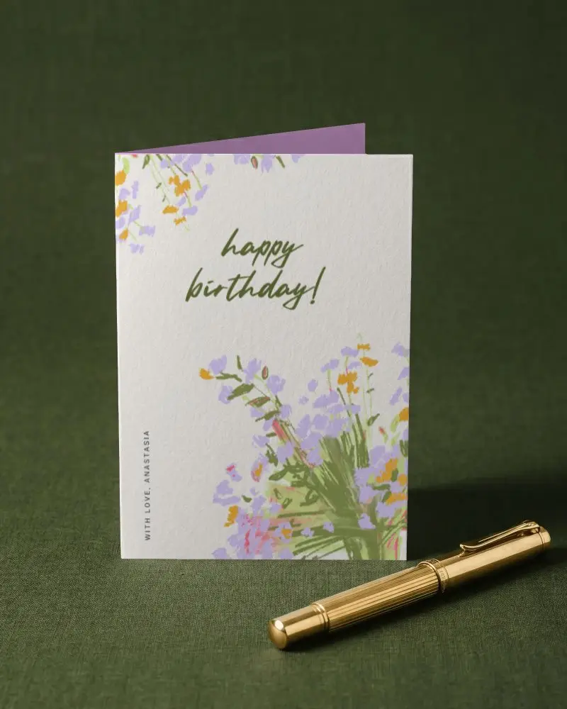 Premium Textured Greeting Card Mockup With Elegant Pen On Fabric Background For Design