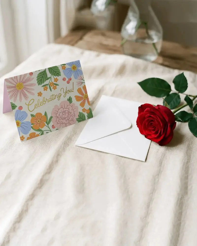 Blank Greeting Card And Envelope Mockup With Rose For Romantic Messages And Special Occasions