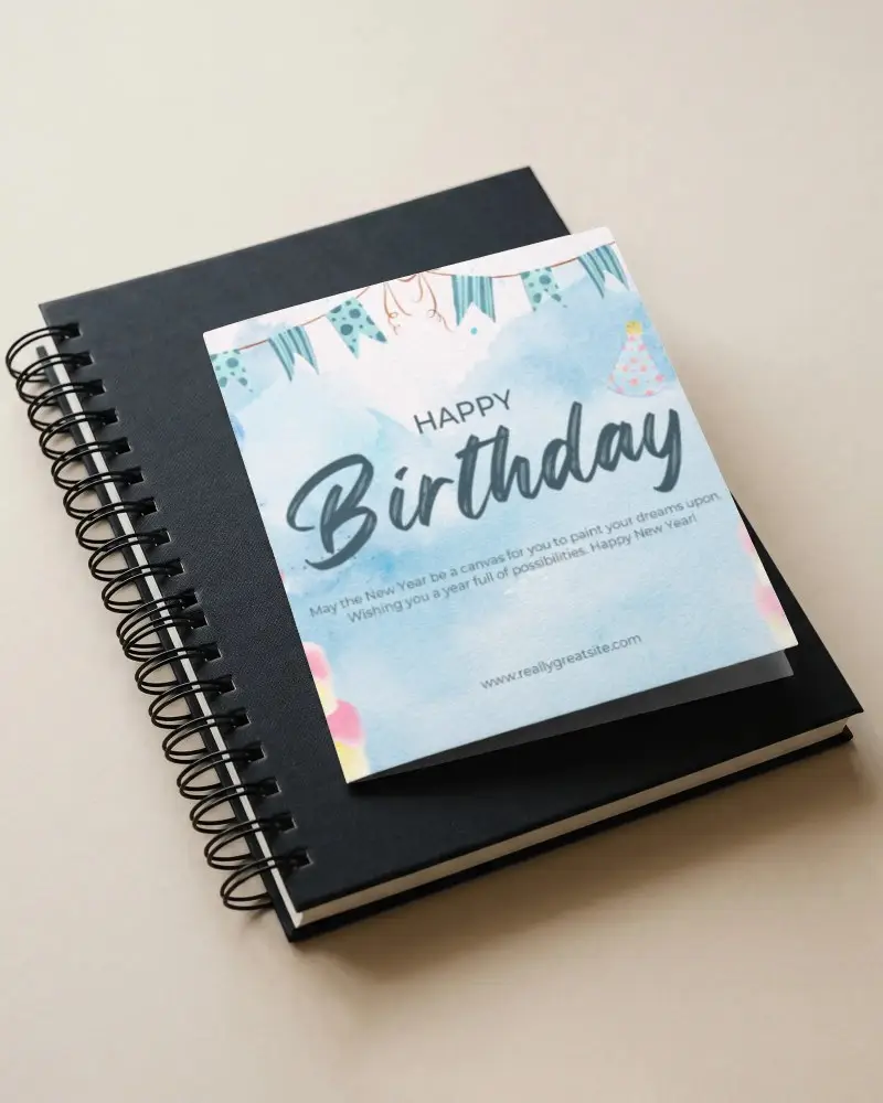Square Paper Greeting Card Mockup With Spiral Bound Notebook On Minimal Background