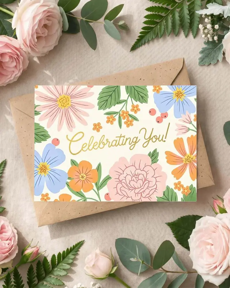 Blank Greeting Card Mockup With Envelope And Floral Decoration For Invitations