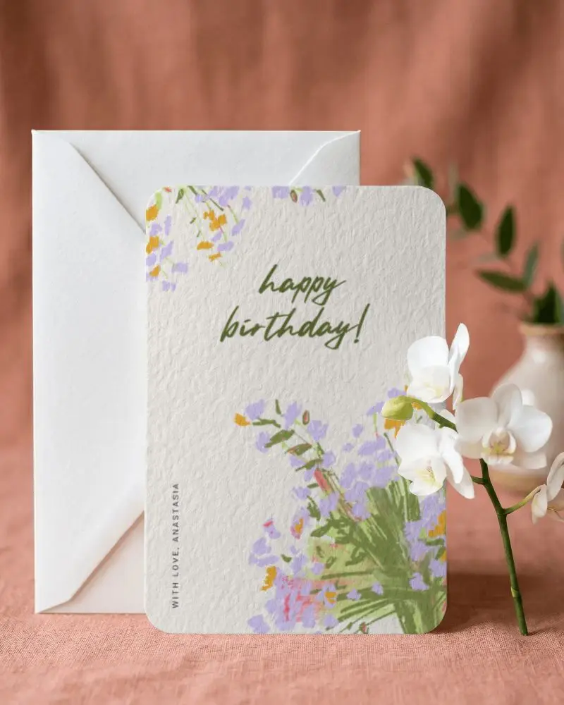 Textured Rounded Corner Greeting Card Mockup With Floral Decorative Element Display