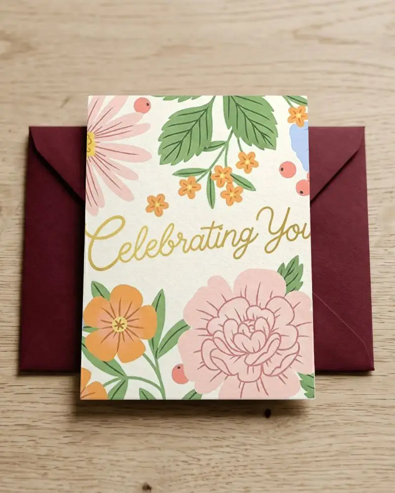 Textured Flat Greeting Card Mockup On Wooden Surface With Closed Envelope Background