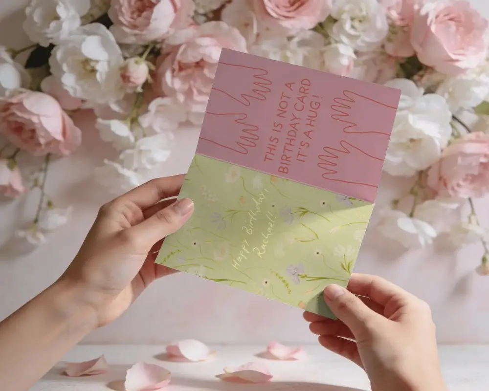 Hands Holding Blank Open Greeting Card With Floral Background For Customized Message