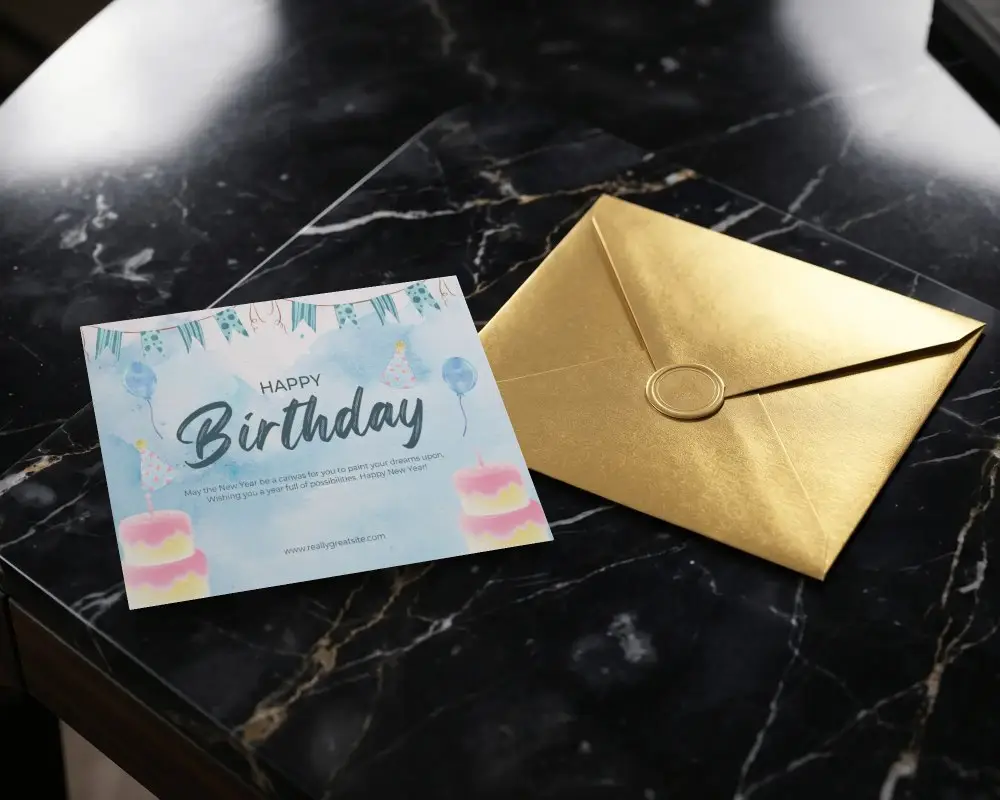 Luxury Blank Greeting Card With Elegant Sealed Envelope On Marble Tabletop Mockup