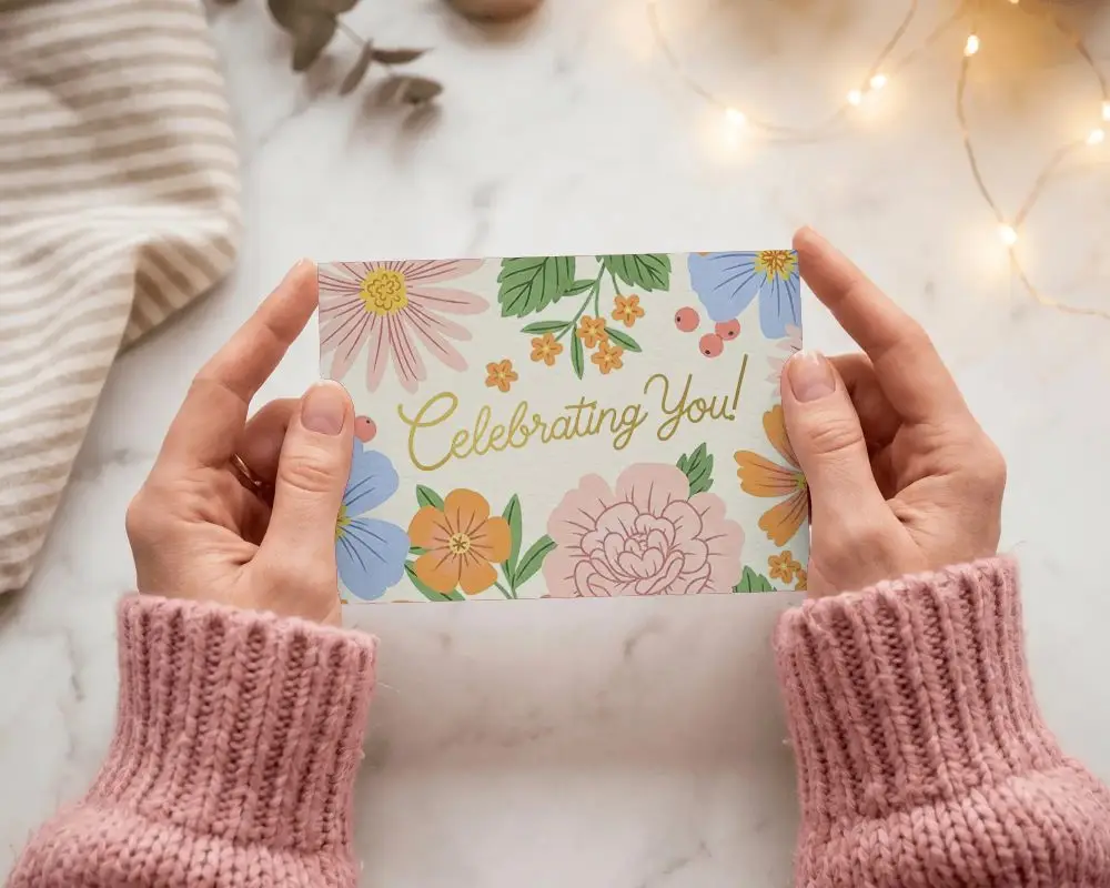 Cozy Hands Holding Horizontal Greeting Card Mockup With Marble Background