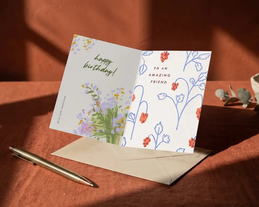 Open Empty Greeting Card Mockup On Textured Surface With Pen And Envelope Set