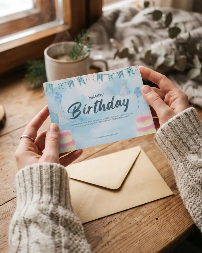 Cozy Winter Greeting Card Mockup With Knitted Sleeves And Natural Wood Table Background
