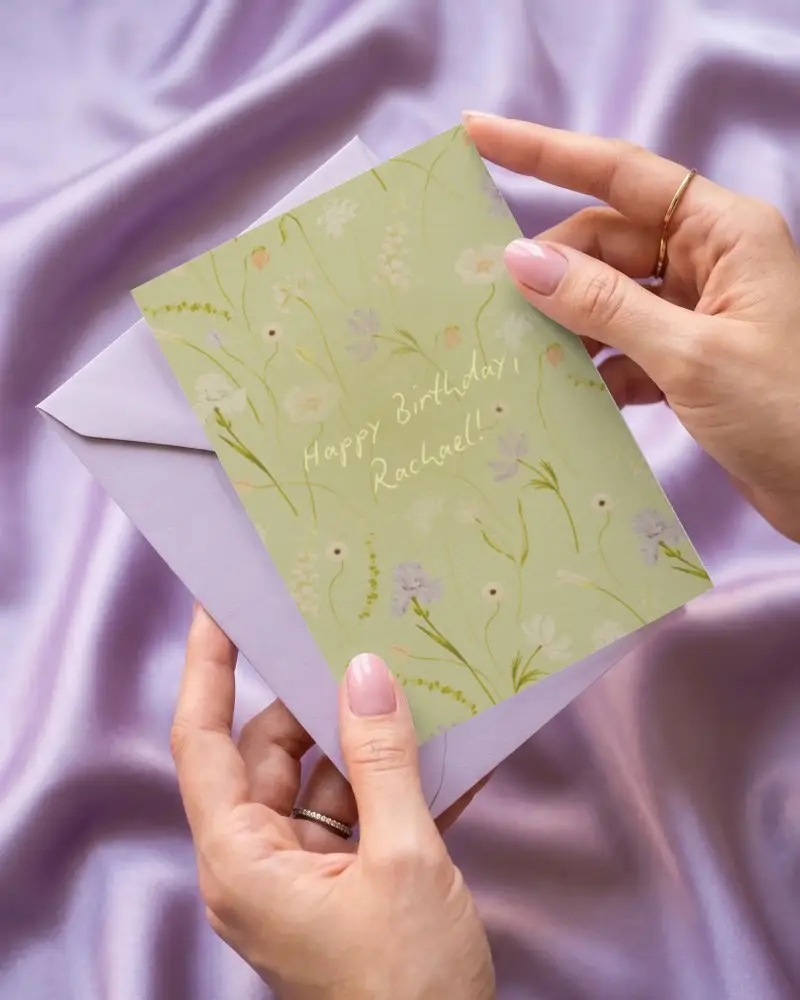 Greeting Card Mockup In Female Hands With Envelope Over Satin Fabric Background