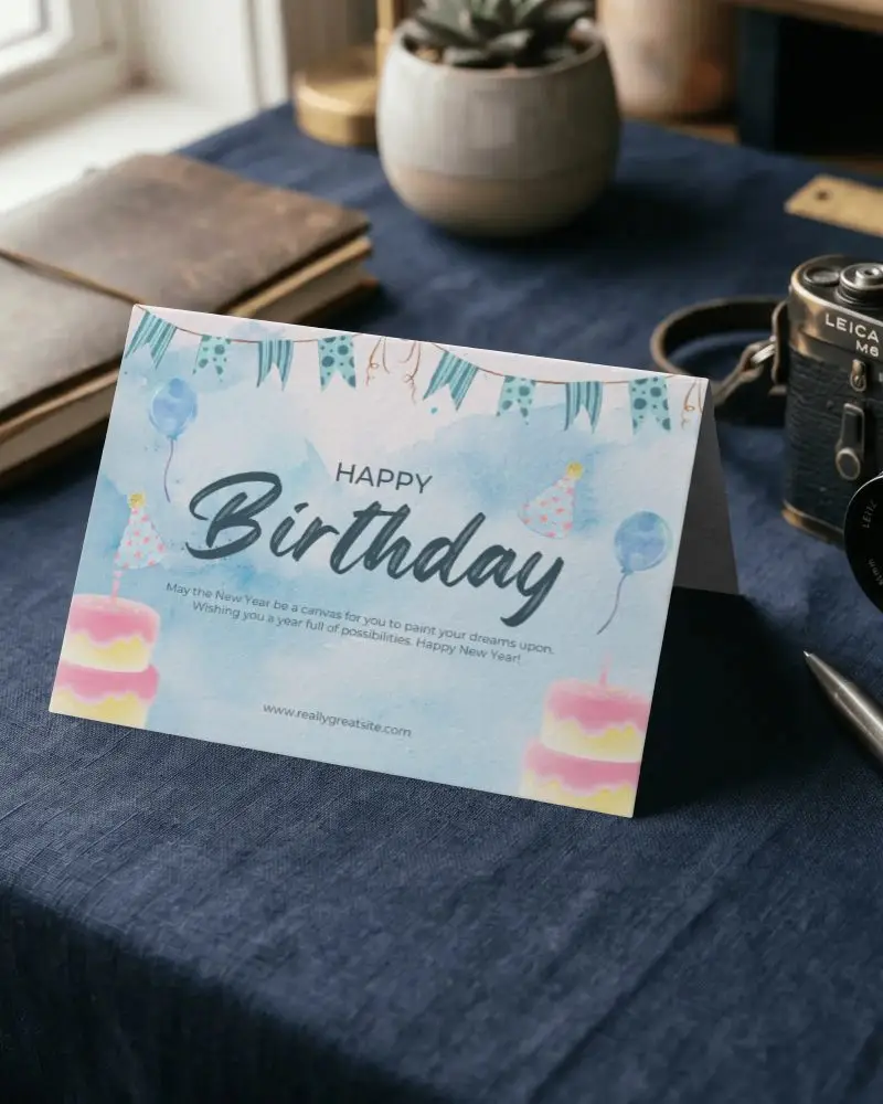 Blank Greeting Card Mockup On Rustic Tabletop For Customizable Design Showcase