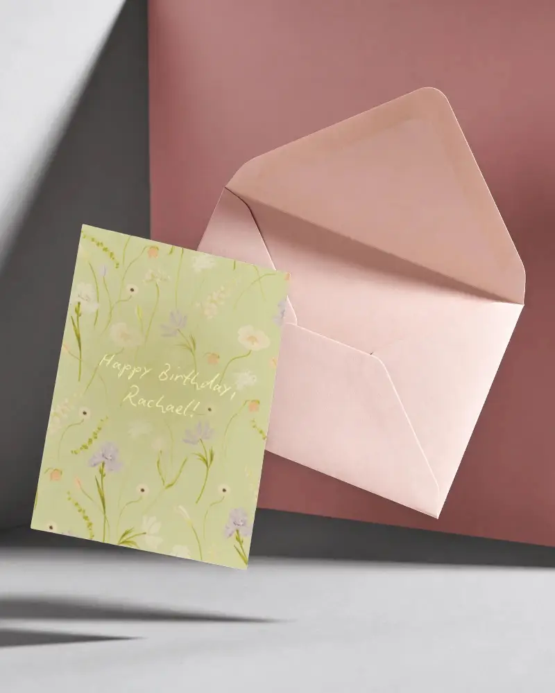 Blank Greeting Card With Envelope Floating On Minimalist Background For Design