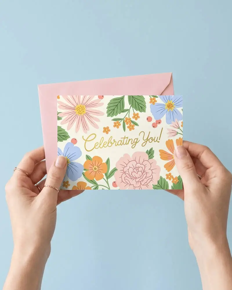 Holding Blank Greeting Card With Envelope On Minimal Background For Design