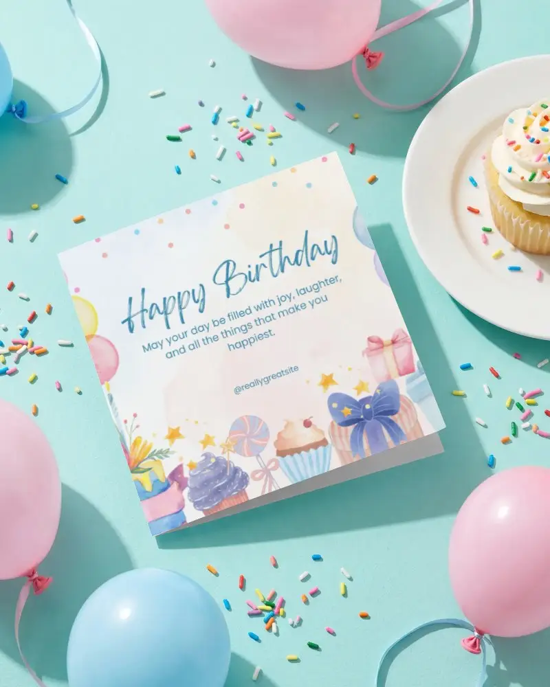 Square Greeting Card Mockup With Confetti And Celebration Party Elements