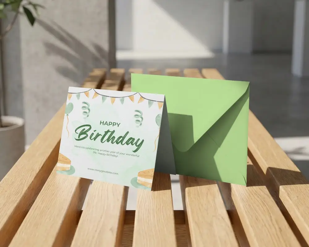 Greeting Card Mockup On Natural Wooden Bench With Envelope Ready For Design