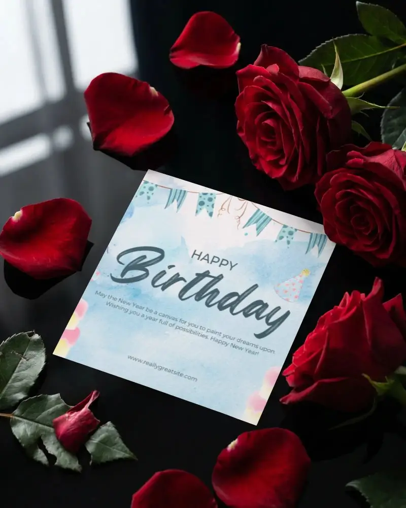 Square Paper Greeting Card Mockup Surrounded By Fresh Rose Petals And Green Leaves