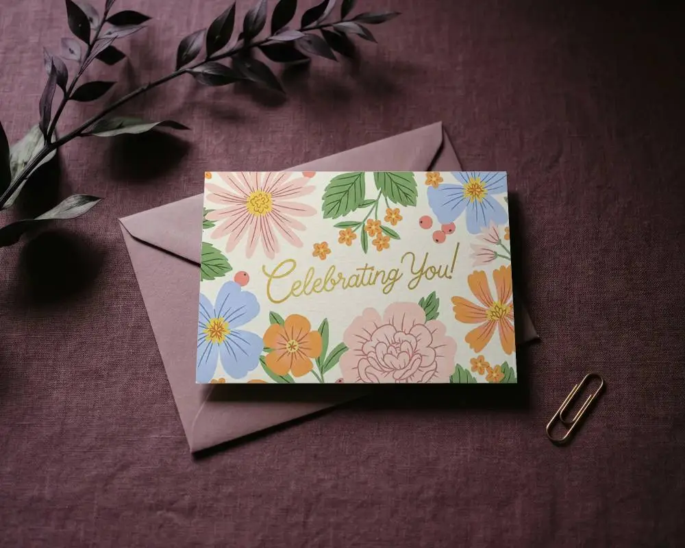 Stylish Greeting Card Mockup With Matte Texture On Envelope With Organic Leaf And Paperclip