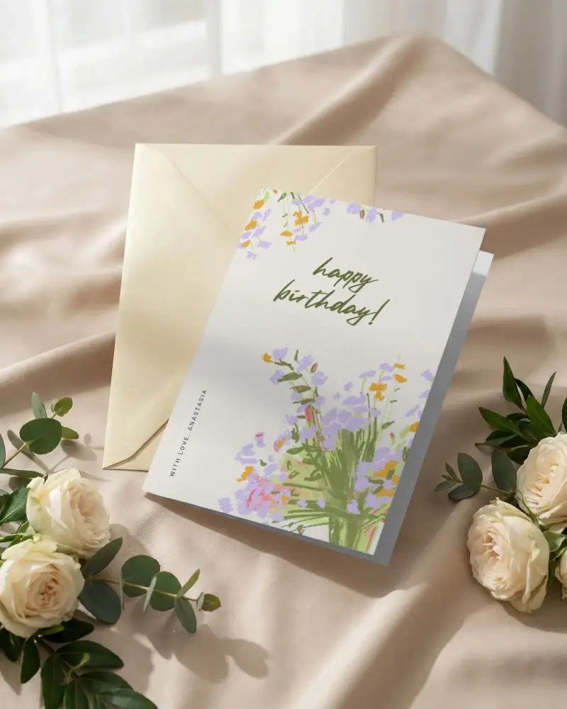 Minimalist Greeting Card Mockup With Natural Greenery And Roses On Fabric