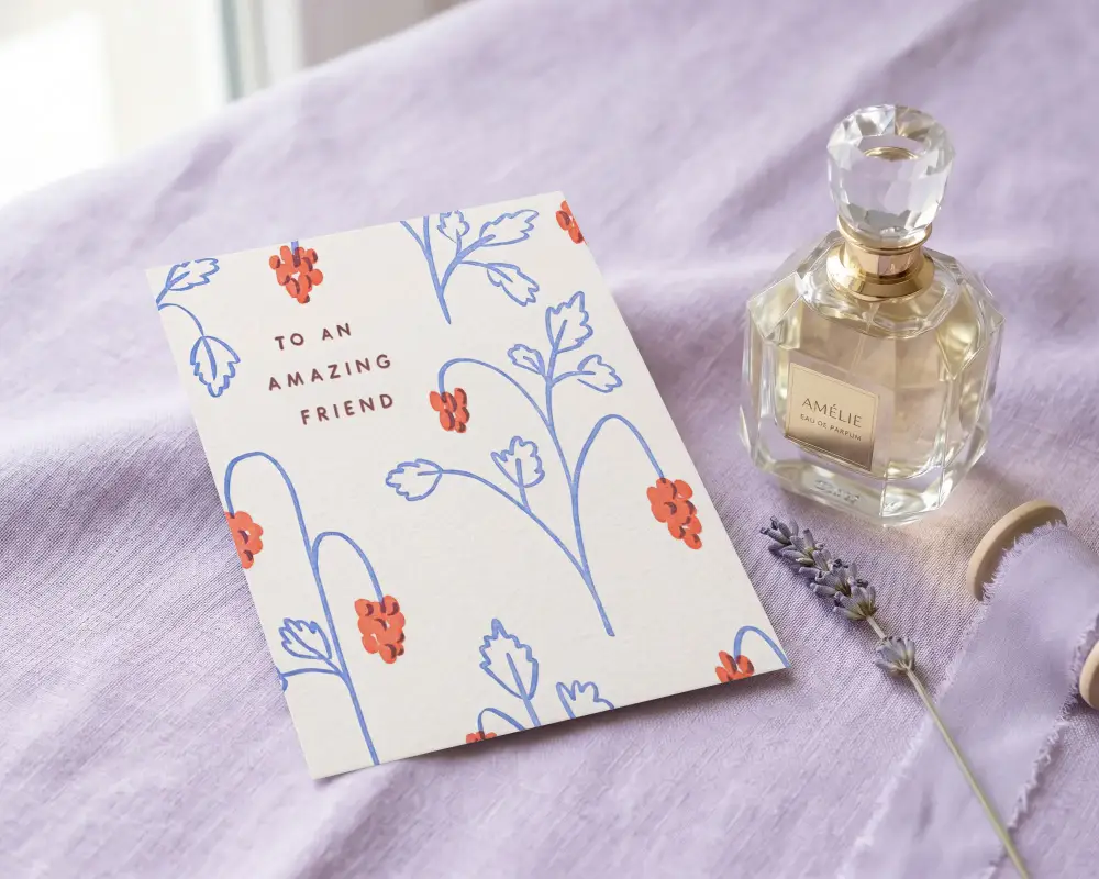 Luxury Greeting Card Mockup With Crystal Perfume Bottle Dry Flower And Soft Textile Layer