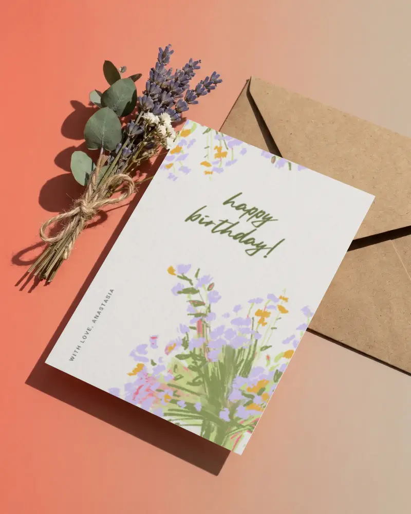 Greeting Card Mockup With Envelopes And Dried Flower Bouquet On Soft Background