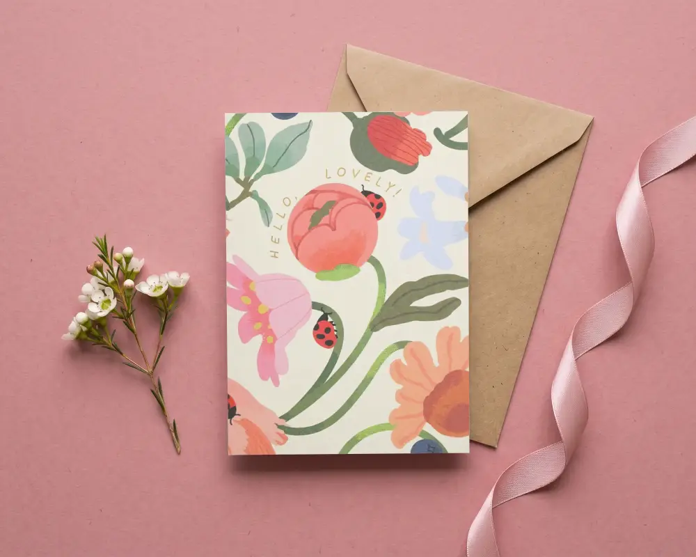 Simple Greeting Card Mockup With Natural Flowers And Craft Paper Envelope