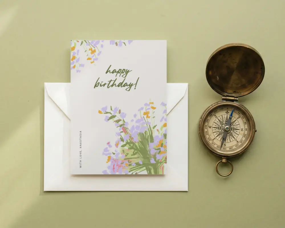 Minimalist Greeting Card Mockup With Envelope And Retro Compass On Plain Background