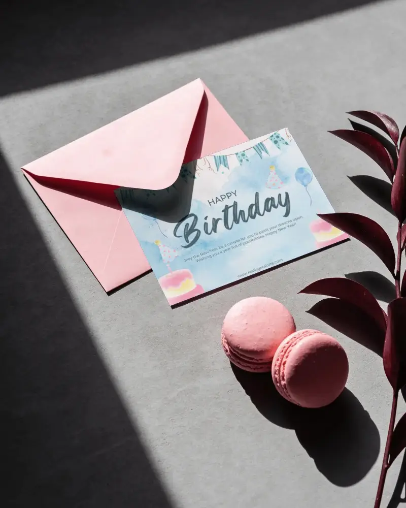 Stylish Stationery Mockup With Blank Card Envelope And Dessert On Concrete Surface