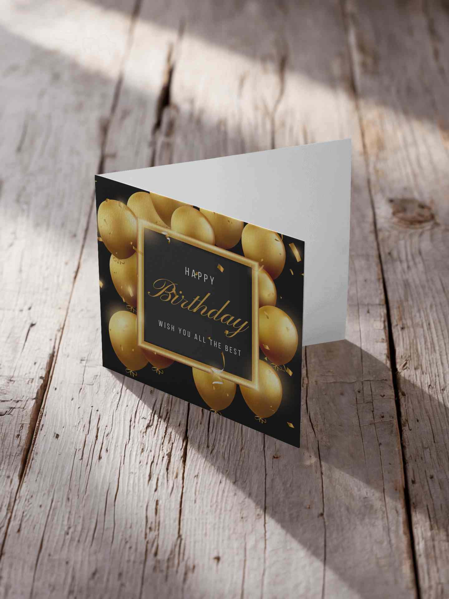 Folded Greeting Card Mockup On Rustic Wooden Floor With Dramatic Sunlight And Natural Shadows Cozy Handmade Aesthetic