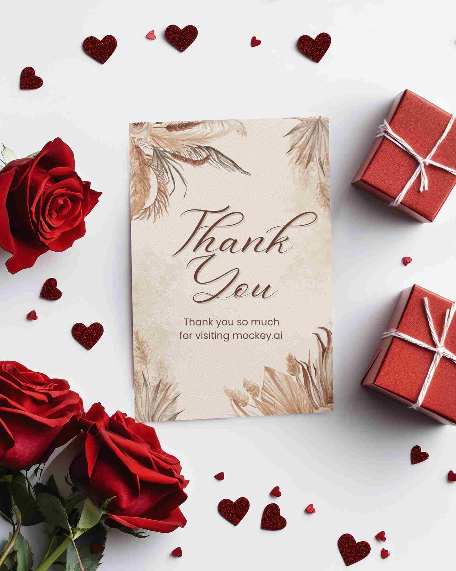 Stylish Love Greeting Card Mockup Beautifully Arranged Roses And Heart Decor On White Background