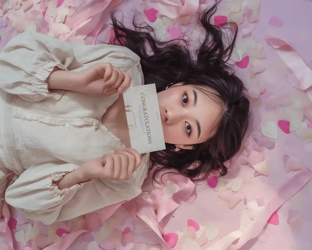 Romantic Greeting Card Mockup Woman Lying On Pink Petals Soft Valentine Aesthetic