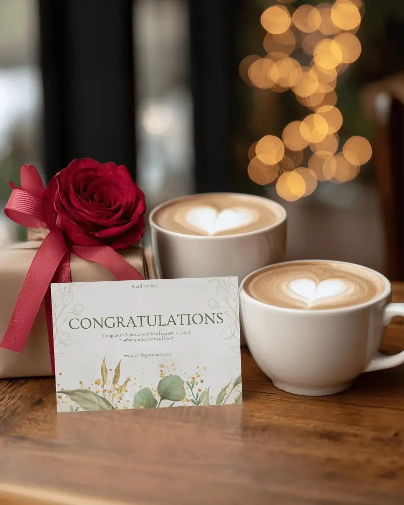 Romantic Greeting Card Mockup Coffee Date Scene With Gift And Red Rose