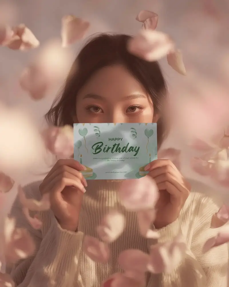 Romantic Greeting Card Mockup Soft Focus Petals Floating With Dreamy Light