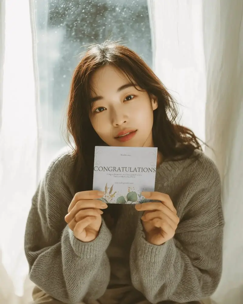 Cozy Winter Greeting Card Mockup Female Model Soft Lighting With Neutral Tones