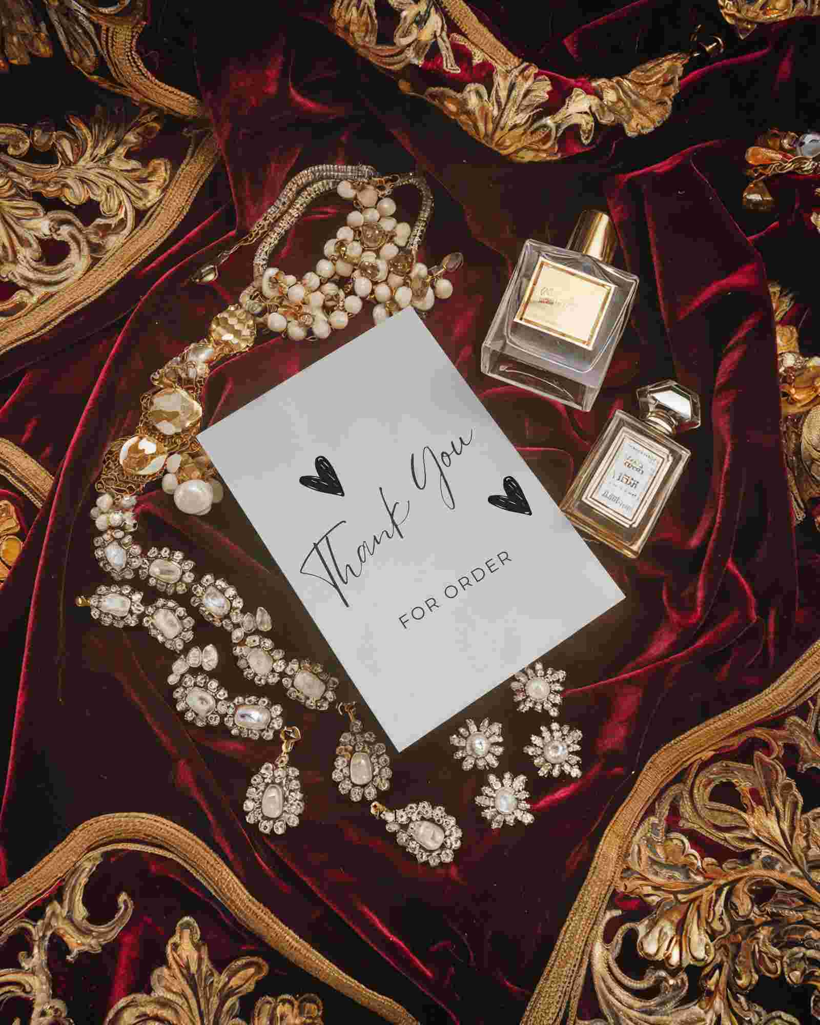 Royal Greeting Card Mockup Opulent Velvet Background With Gold Jewelry And Elegant Perfume Bottles