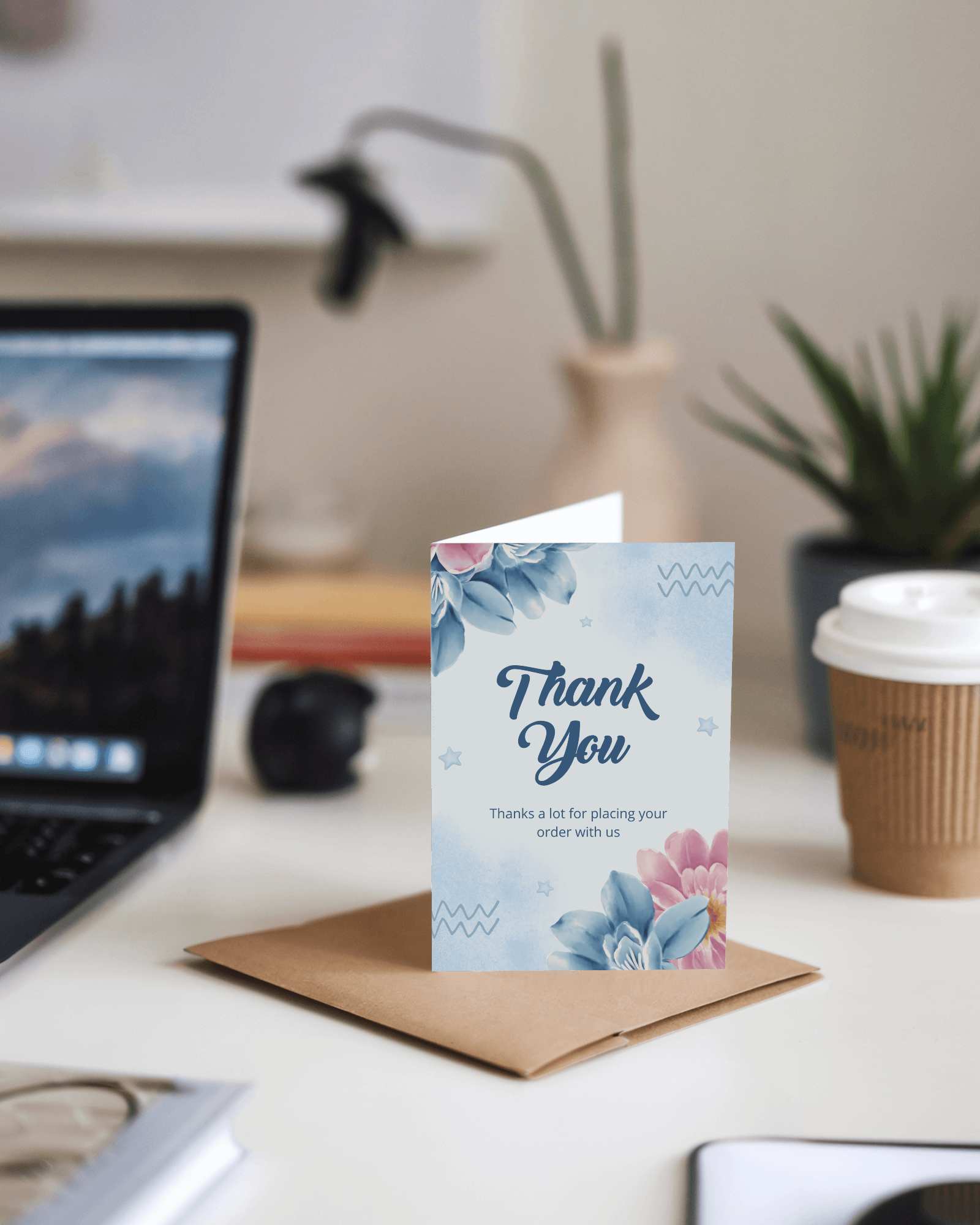 Modern Greeting Card Mockup Elegant Folded Card On Desk With Envelope And Cozy Workspace