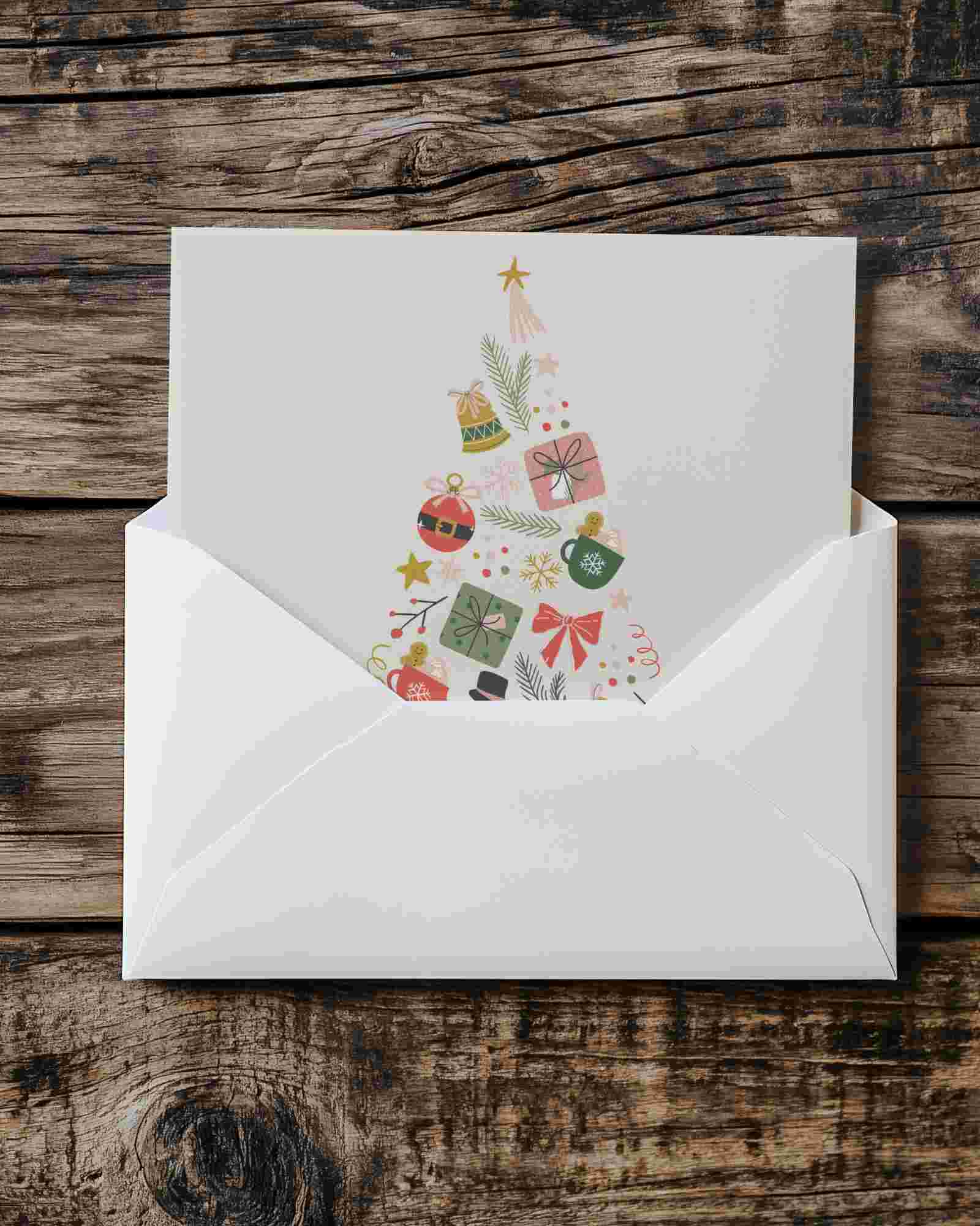 Rustic Envelope Greeting Card Mockup On Weathered Wooden Table Top Down View With Minimalist Flat Card Design