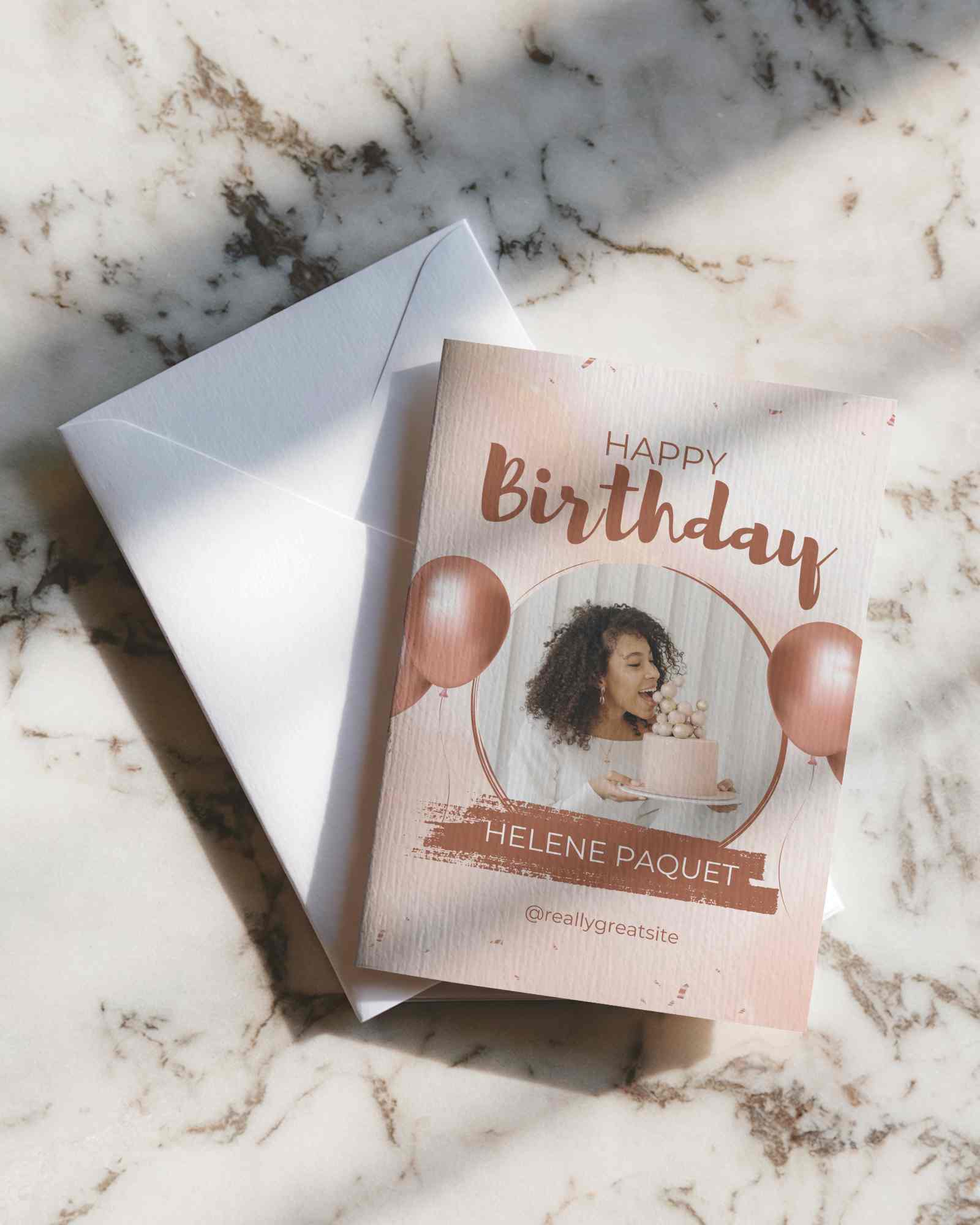 Sunlit Greeting Card Mockup On Marble Surface With Envelope Soft Shadows And Textured Paper In Natural Light