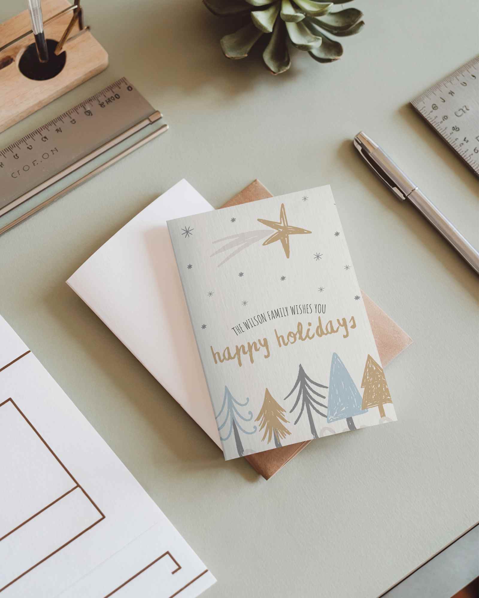 Architect Desk Greeting Card Mockup On Matte Surface With Stationery Rulers Succulent And Envelope Clean Creative Layout