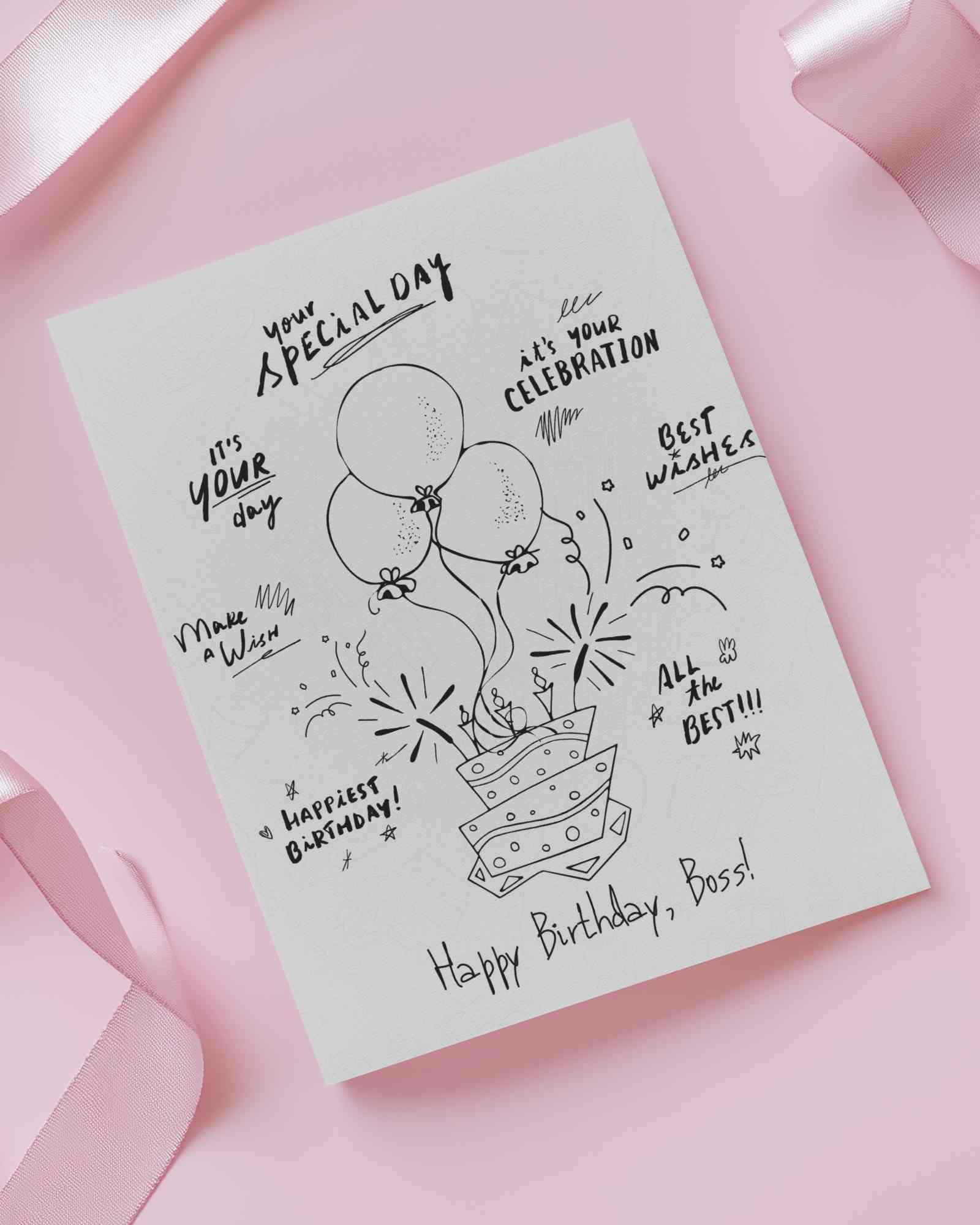 Flat Lay Greeting Card Mockup On Pastel Pink Background With Satin Ribbons Soft Romantic Stationery Scene