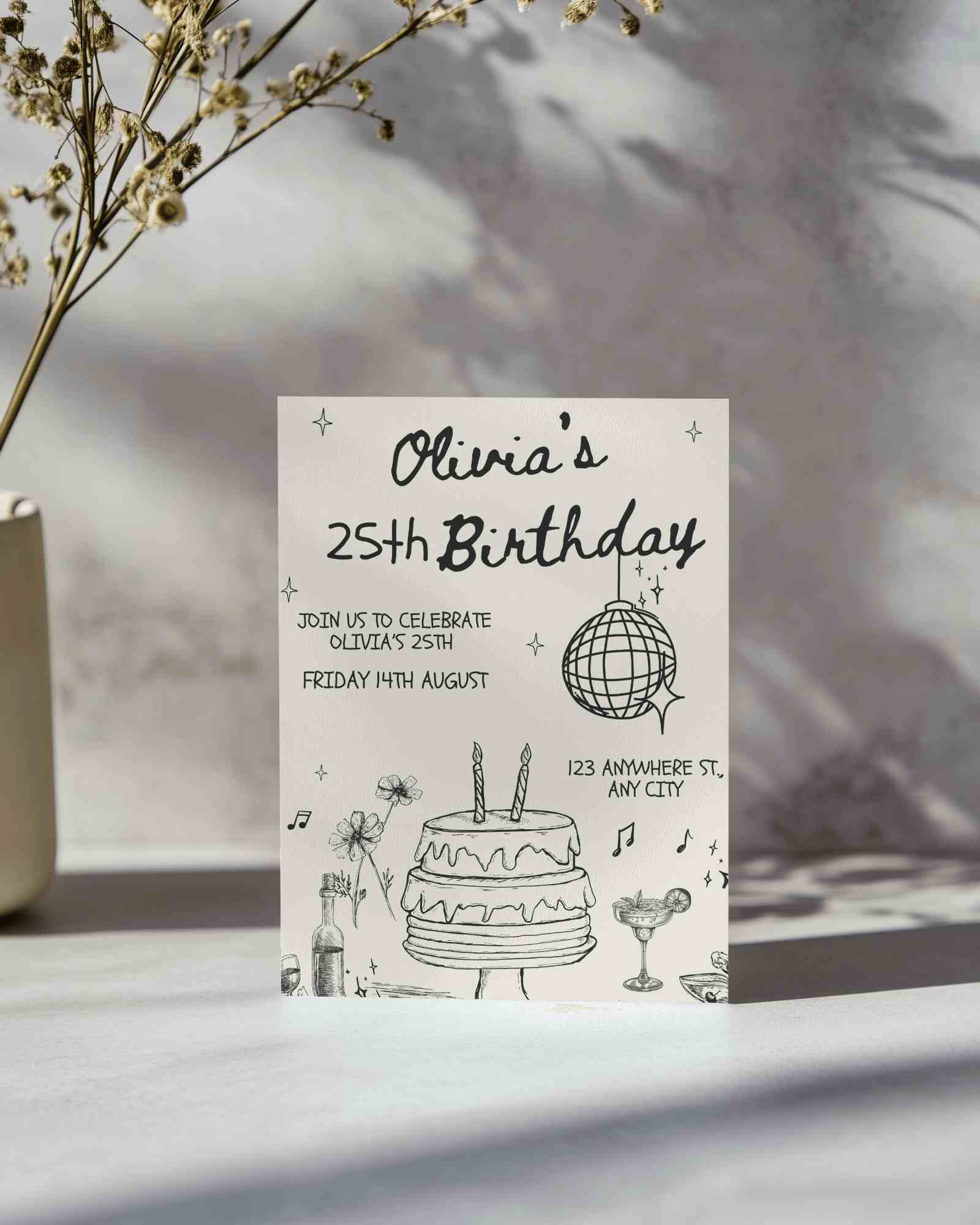 Standing Greeting Card Mockup On Light Surface With Dried Flowers And Soft Shadows Minimalist Organic Sunlit Scene