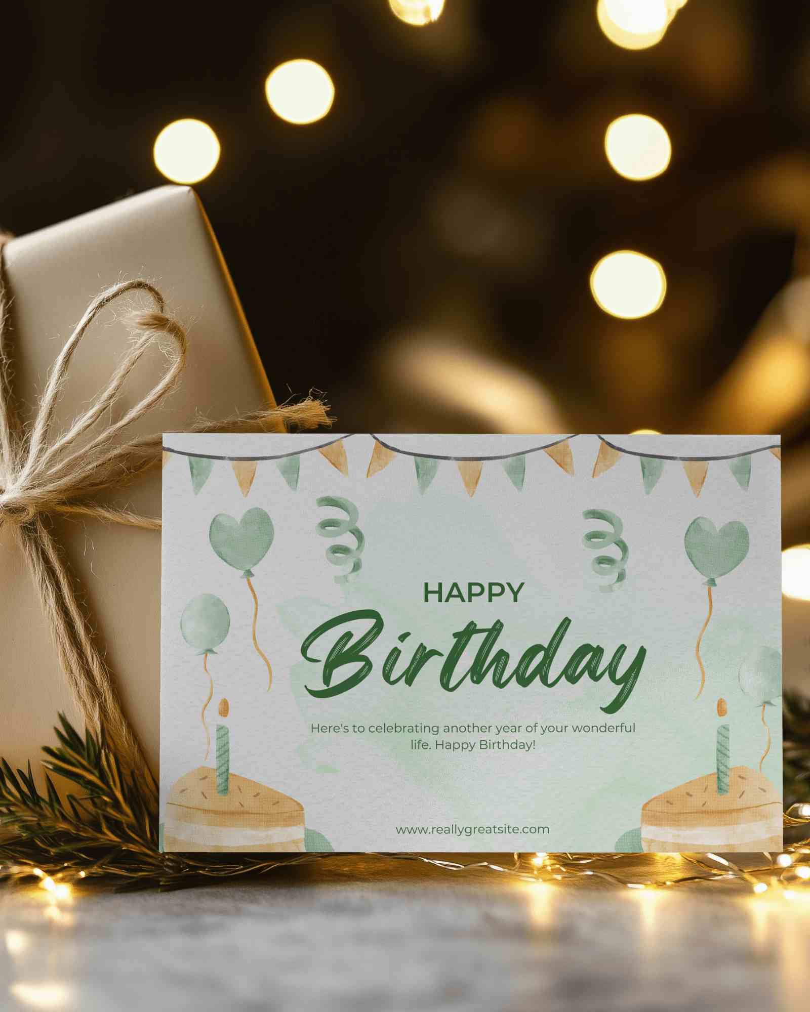 Holiday Greeting Card Mockup With Gift Box And String Lights Warm Bokeh Background Cozy Celebration Scene